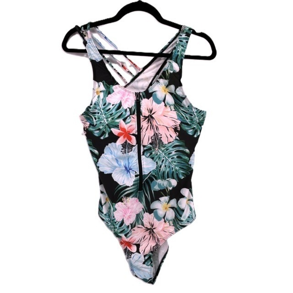 SHEIN Women 1XL Tropical Floral Zipper Front Crisscross Back One Piece Swimsuit